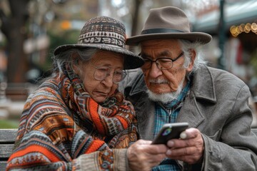 An elderly couple engaged in learning new technology together on a bench, surrounded by urban vibrancy.