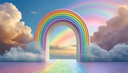 Obraz premium Beautiful rainbow and fluffy clouds. Arch in the sky. 3D rendering.