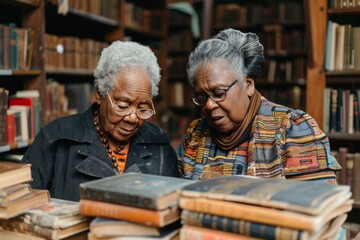 Two elderly women examine a book closely in a cozy, book-filled room, sharing knowledge and memories.