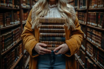 Woman in a library holding a stack of old, well-kept books, surrounded by the history and knowledge within aged bookshelves.