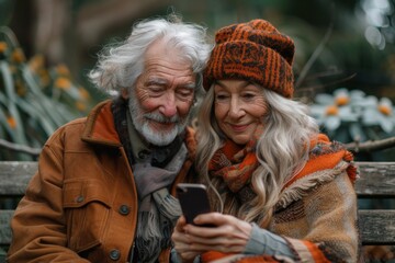 A senior couple shares a cozy moment, learning to use a smartphone together amidst autumn's chill.