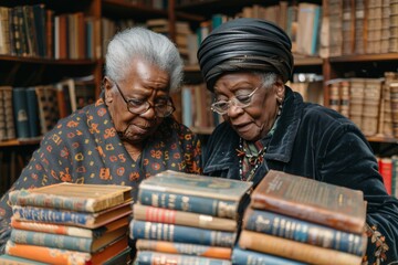 Two elderly women examine a book closely in a cozy, book-filled room, sharing knowledge and memories.