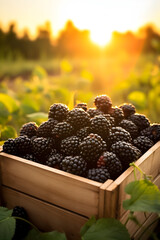 Blackberries harvested in a wooden box in a farm with sunset. Natural organic fruit abundance. Agriculture, healthy and natural food concept. Vertical composition.