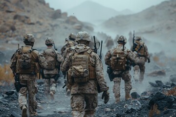 Soldiers marching through rugged terrain in camouflage gear.