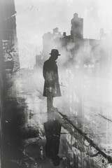 Noir-style silhouette of a man in a hat in a rainy, blurred cityscape.