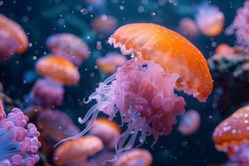 Vibrant orange jellyfish floating peacefully - obrazy, fototapety, plakaty
