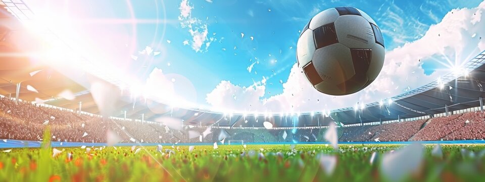 A football on a stadium with flying ball .Sport concept