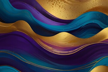 Modern colorful curved background, blue, purple wave, bright neon colors, golden paths, trendy alcohol ink texture, creative hand drawn art illustration, layered art, clean wallpaper for print Generat
