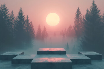 Foggy forest sunrise with stone benches
