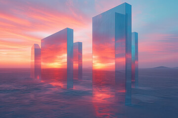 Sunset glow on reflective monoliths at ocean edge