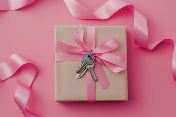 Pink ribbon wrapped gift box with house keys