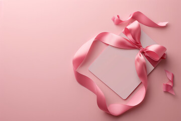 Pink satin ribbon around white gift card - 783076440