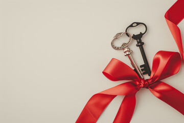 Minimalist home keys with red ribbon on a soft beige background