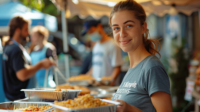 portrait of young caucasian woman volunteering at street food bank, charity, food donations, community server