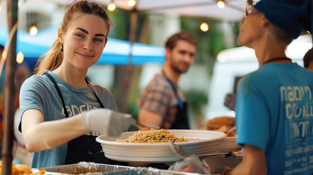 portrait of young caucasian woman volunteering at street food bank, charity, food donations, community server