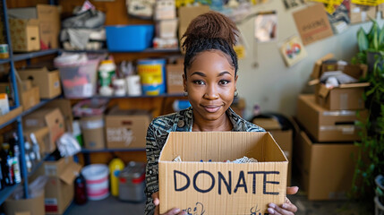 portrait of black woman holding cardboard box with DONATE word written on it, charity, solidarity, giving to the needed