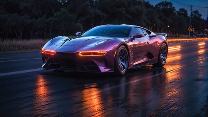 A futuristic brand-less generic concept Sports car on the road in the city at night with a long...