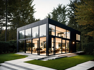 A modern glass house with a minimalist design.