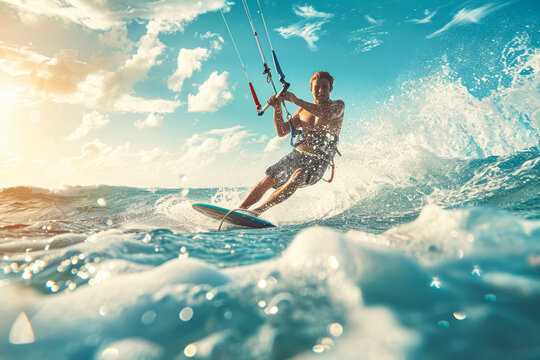 Adventurous young man riding the waves while kitesurfing in the ocean