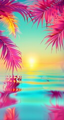 tropical trees in pink and yellow color with reflection on the sea. Summer leisure fantasy concept