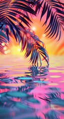 Fototapeta na wymiar tropical trees in dark purple and pink color with reflection on the sea. Summer leisure fantasy concept