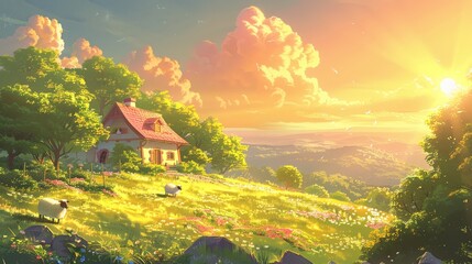 Nintendoinspired game art showing a peaceful rural landscape wit