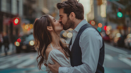 Urban romance affectionate couple's kiss 
