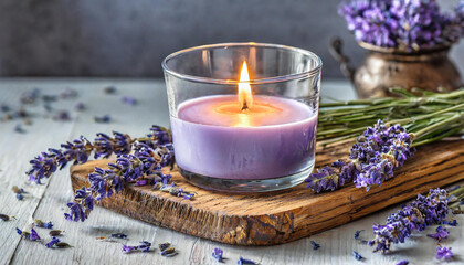 Soy candle with lavender scent in glass jar. Scented wax candle on wooden board for home interior.