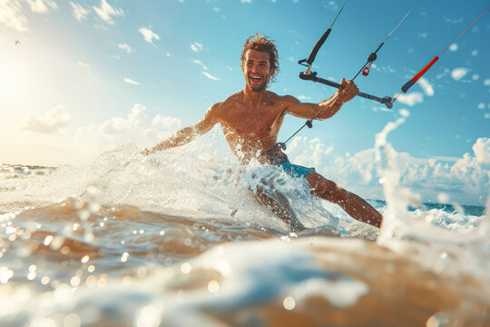 Adventurous young man catches the wind while kitesurfing in the ocean