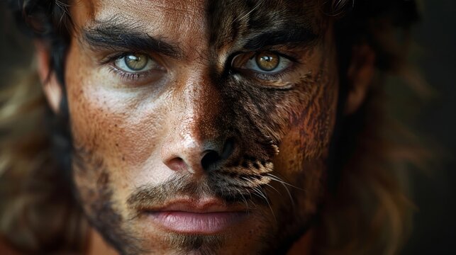 Realistic highdefinition portrait of a man, with one half of his