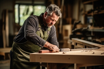 Focused craftsman planing wood in a sunny carpentry studio - 783077606