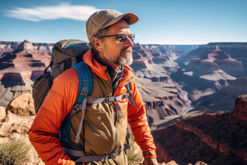 Senior man with backpack hiking Grand Canyon - 783077611