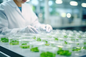 Focused researcher with green samples in lab