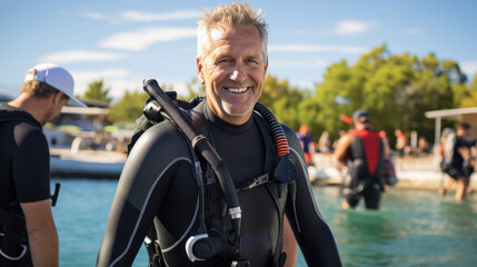 Joyful senior man in scuba gear near water - Powered by Adobe