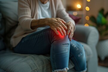 A senior woman with knee pain sitting on the sofa at home, closeup of her hands holding and pressing a red glowing part in front of her knee - obrazy, fototapety, plakaty