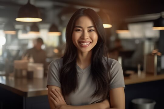 Corporate happiness where young, dynamic businesswoman, beautiful manager, adds touch of positivity to her modern office space, making each task joyful endeavor. Generative AI.
