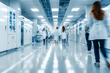 Fototapeta premium Cutting-edge Medical Research Lab: Blurred Figures in White Coats