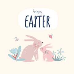 Obraz na płótnie Canvas Spring floral cartoon print with cute bunny. Happy Easter print in flat style and pastel colors