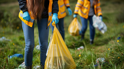 close-up of community volunteers picking up trash at the park, ecology, recycling, cleaning up public spaces - obrazy, fototapety, plakaty