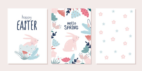 Spring floral cartoon print with cute bunny. Happy Easter print in flat style and pastel colors