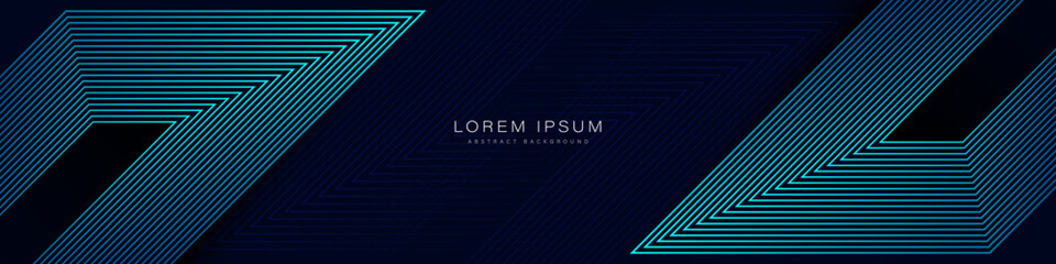 Dark blue abstract background with glowing geometric lines. Modern shiny blue diagonal lines pattern. Futuristic technology concept. Horizontal banner template. Vector illustration