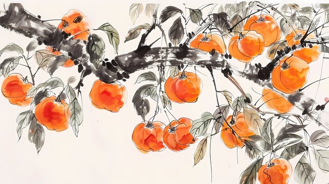 Chinese ink persimmons branches illustration poster background