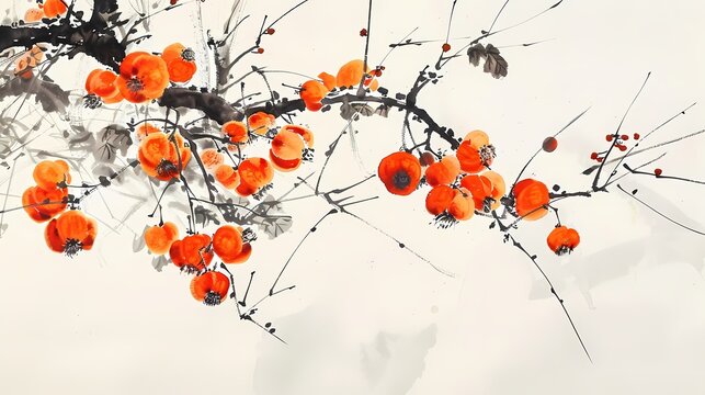 Chinese ink persimmons branches illustration poster background