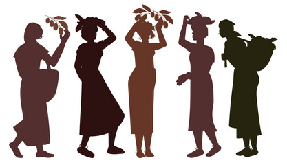 Silhouettes of women with coffee beans, vector illustration isolated on a white background. Women picking coffee, outline image.