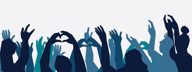 Silhouette contour of hands of people having fun and cheering music band, show or holiday event. Music fans applause and raising hands in cheering, vector illustration on white background.