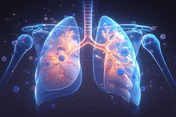human lungs with a medical background, using a blue and orange color theme.  - obrazy, fototapety, plakaty