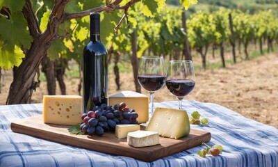 bottle of red wine, cheese, grapes