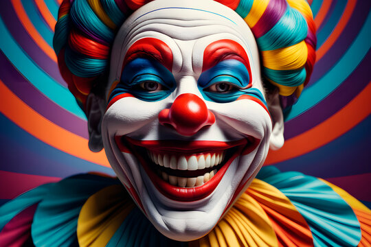 An art painting with a huge Jokers face surrounded by colorful lines, yarn textures, and artwork hanging paintings, wallpaper Illustration