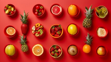 Organic tropical fruit bowl on red backdrop for making fresh juices and tasty smoothies