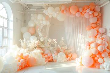 Whimsical Balloon Backdrop: A Dreamy Fusion of Pink, White, and Beige in Voluminous Forms and Lush Details